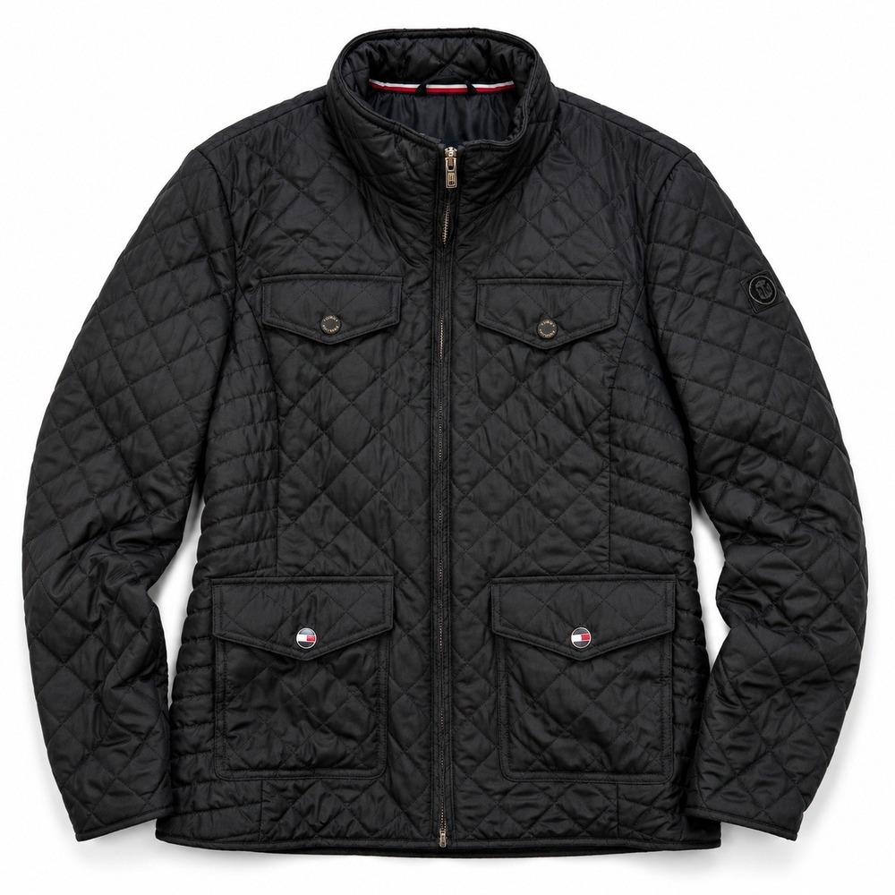 Tommy Hilfiger Womens M Quilted Field Jacket Black Full Zip Snap Pocket Coat
